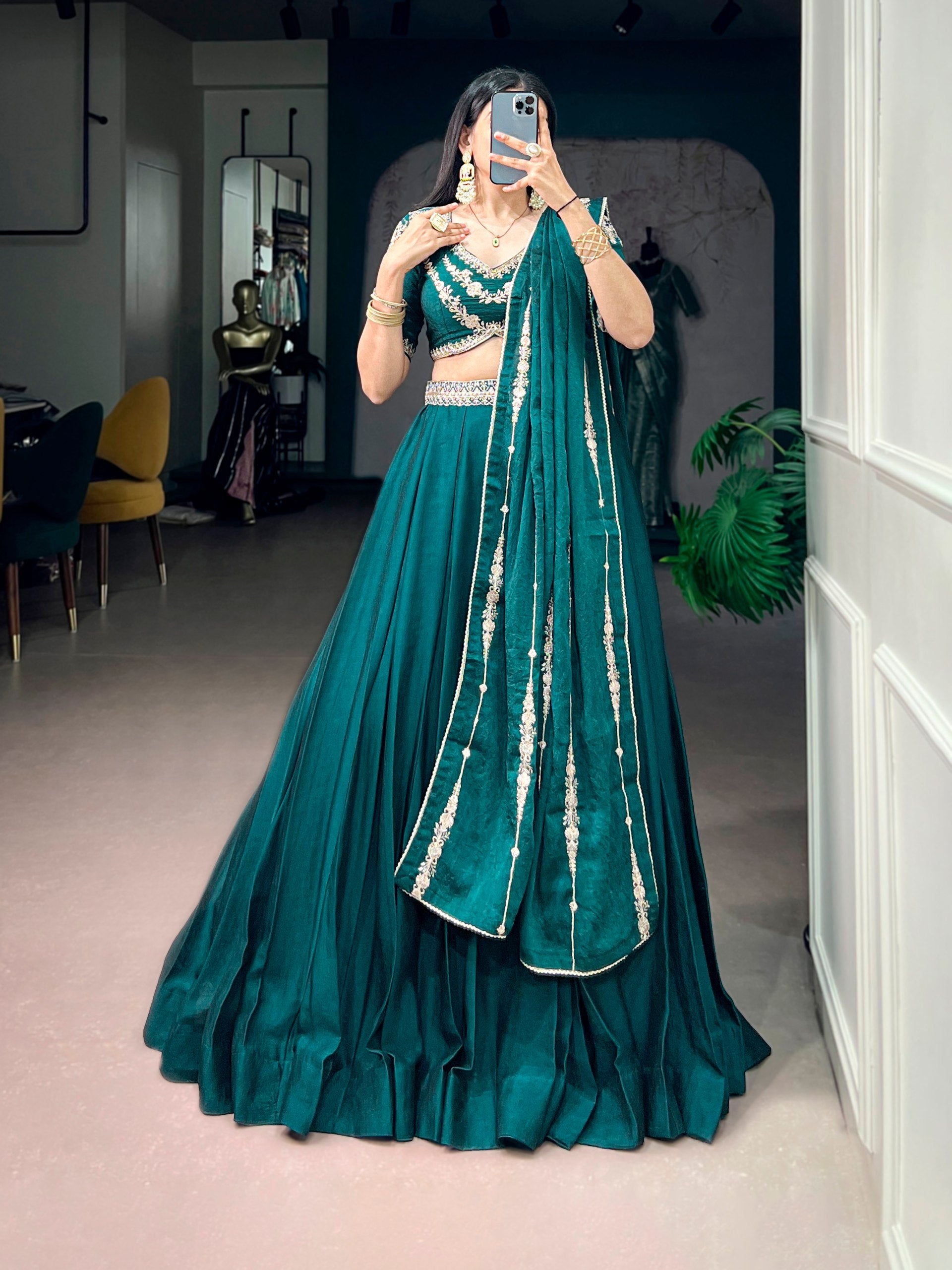 Pistal Green Pure Rangoli Crush Silk Heavy Embroidery South Indian Lehenga Choli