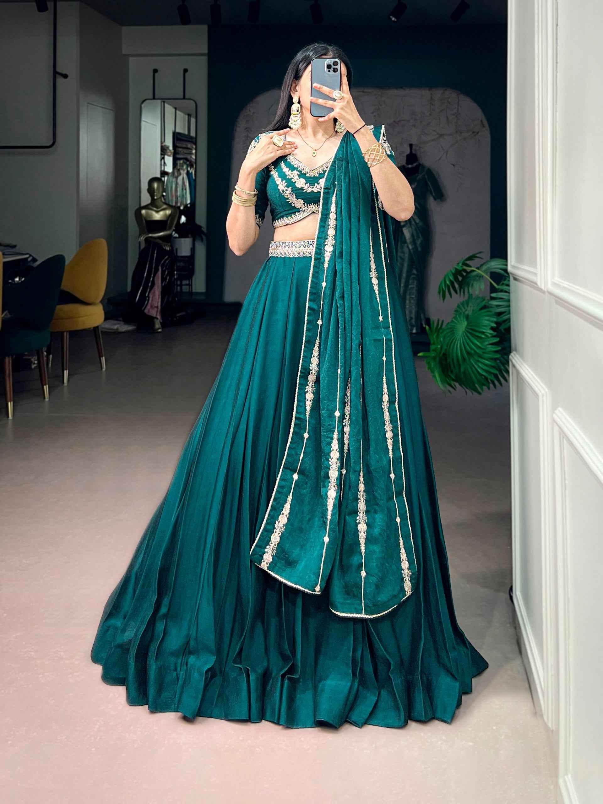 Pistal Green Pure Rangoli Crush Silk Heavy Embroidery South Indian Lehenga Choli