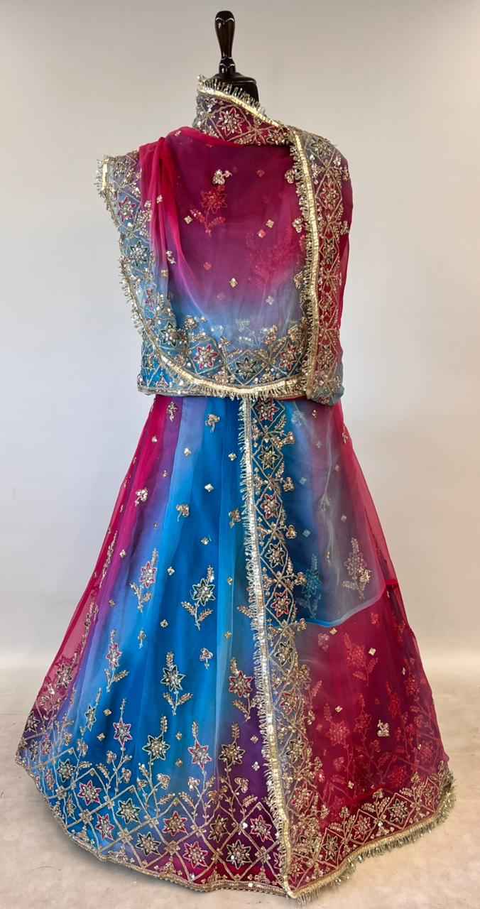 Magenta & Pink Pure Georgette Lahariya Print 16 Kali Flair With Gotta Patti Rajasthani Rajputi Lehenga Choli