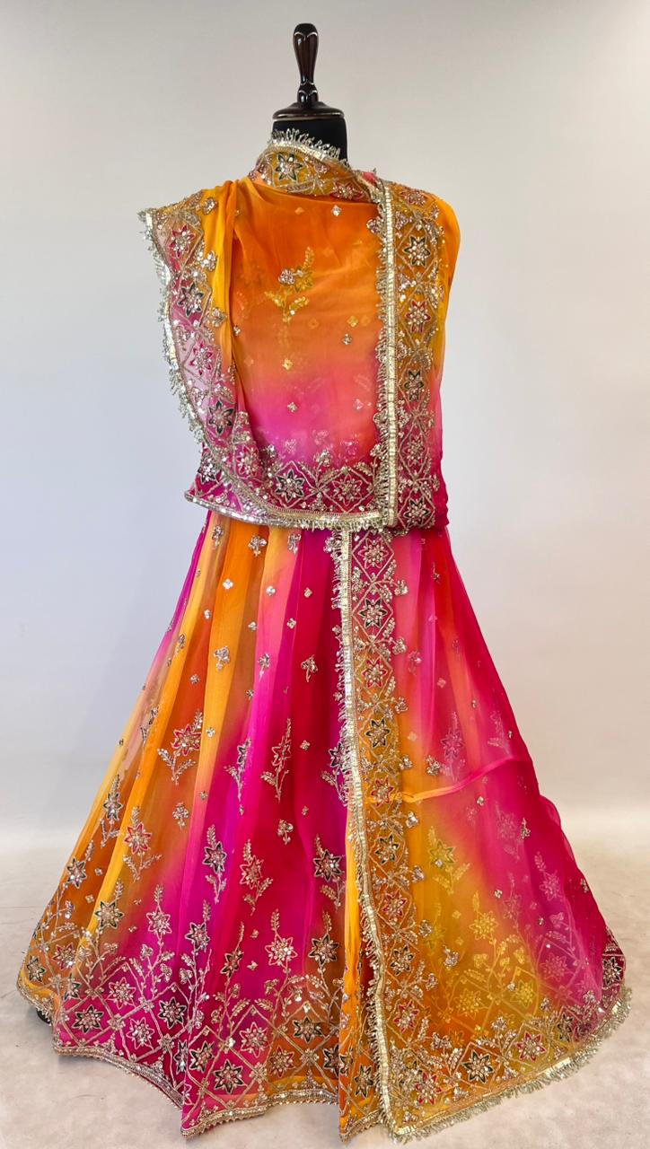 Yellow & Orange Pure Georgette Lahariya Print 16 Kali Flair With Gotta Patti Rajasthani Rajputi Lehenga Choli