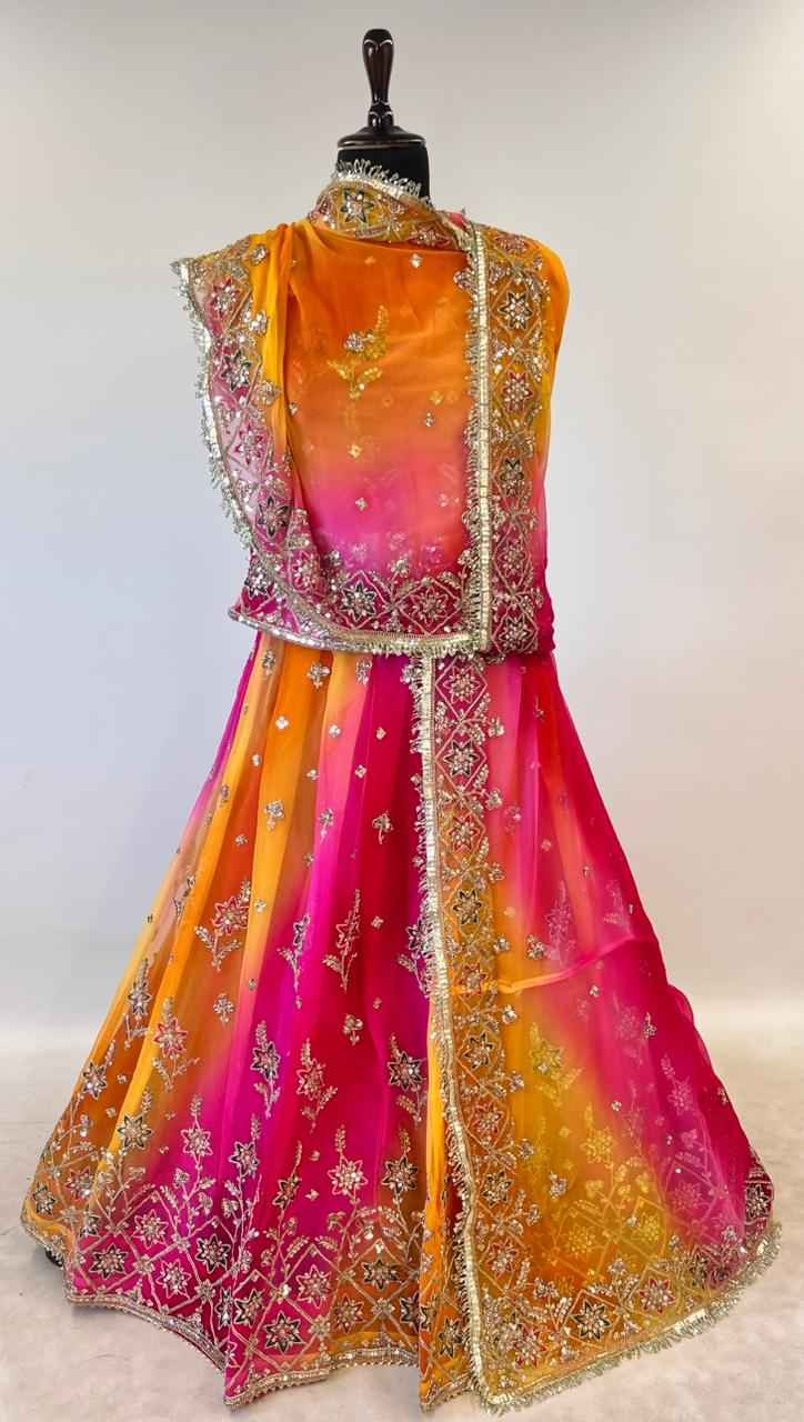Yellow & Orange Pure Georgette Lahariya Print 16 Kali Flair With Gotta Patti Rajasthani Rajputi Lehenga Choli