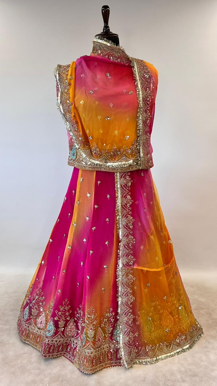 Pink & Orange Pure Georgette Lahariya Print 16 Kali Flair With Gotta Patti Rajasthani Rajputi Lehenga Choli
