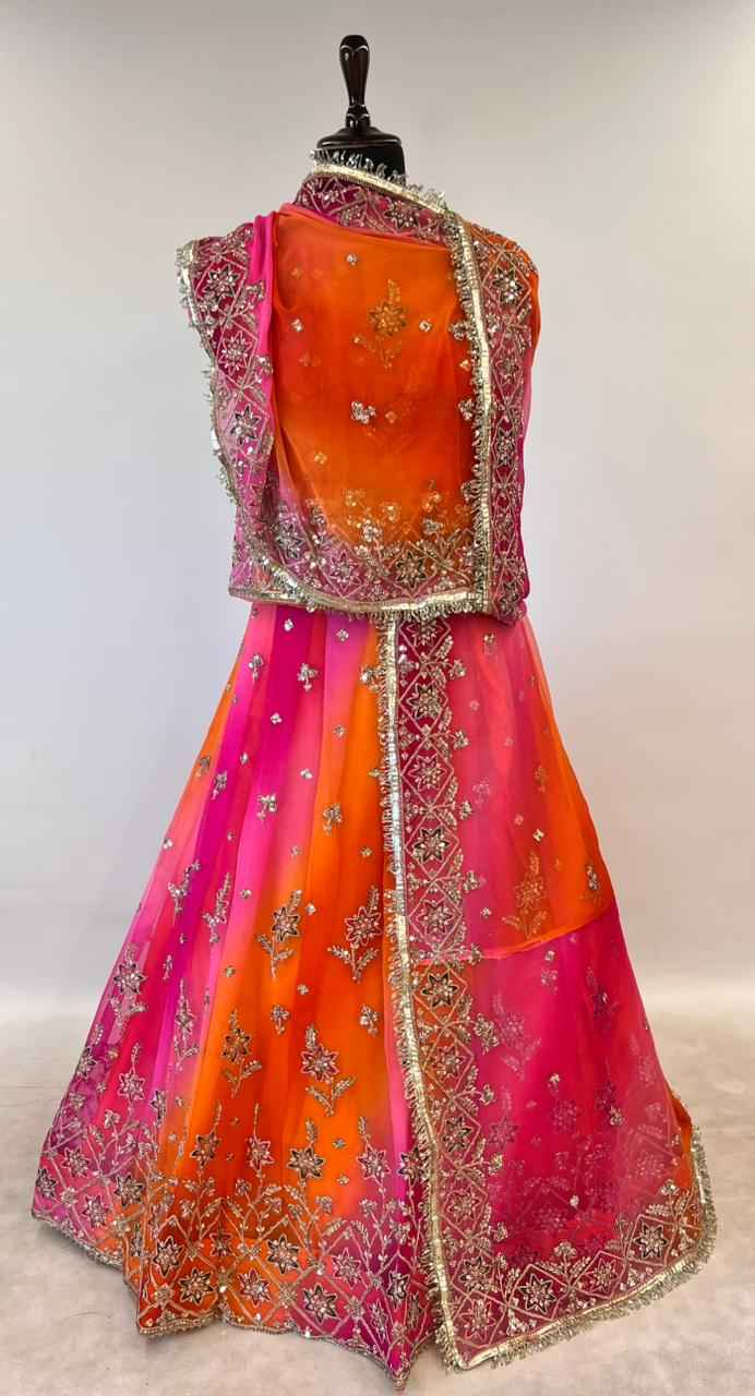 Orange & Pink Pure Georgette Lahariya Print 16 Kali Flair With Gotta Patti Rajasthani Rajputi Lehenga Choli