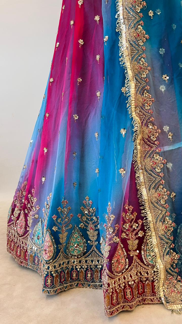 Blue Pure Georgette Lahariya Print 16 Kali Flair With Gotta Patti Rajasthani Rajputi Lehenga Choli