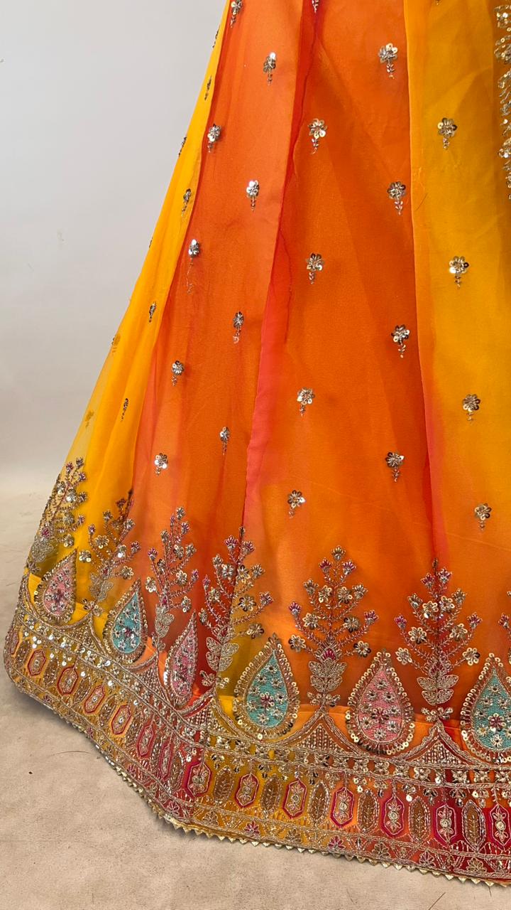 Yellow Pure Georgette Lahariya Print 16 Kali Flair With Gotta Patti Rajasthani Rajputi Lehenga Choli