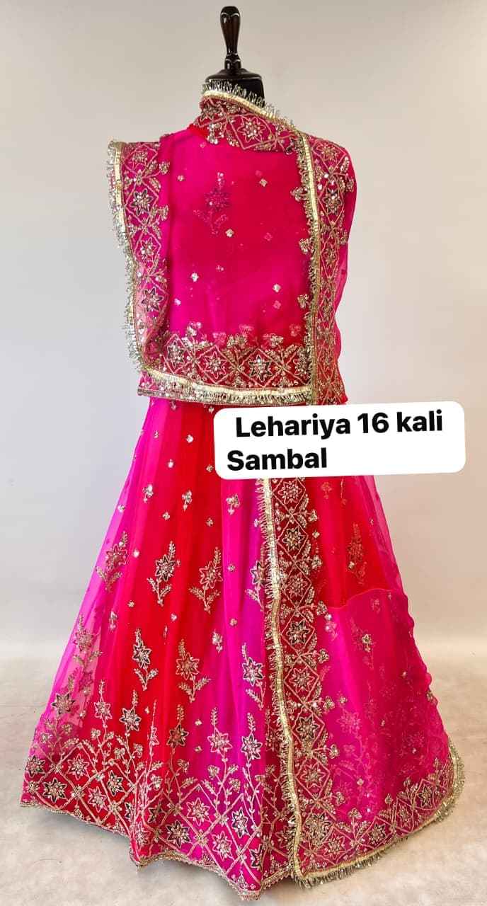 Rani Pink Pure Georgette Lahariya Print 16 Kali Flair With Gotta Patti Rajasthani Rajputi Lehenga Choli