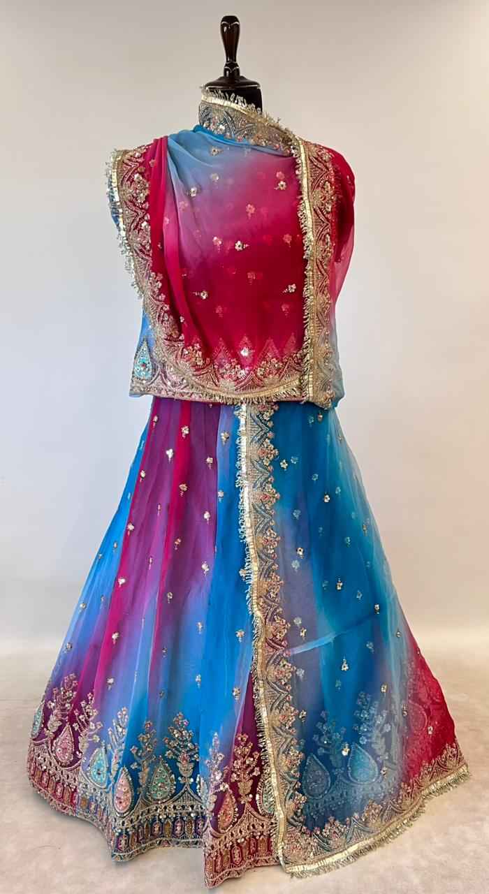 Blue Pure Georgette Lahariya Print 16 Kali Flair With Gotta Patti Rajasthani Rajputi Lehenga Choli