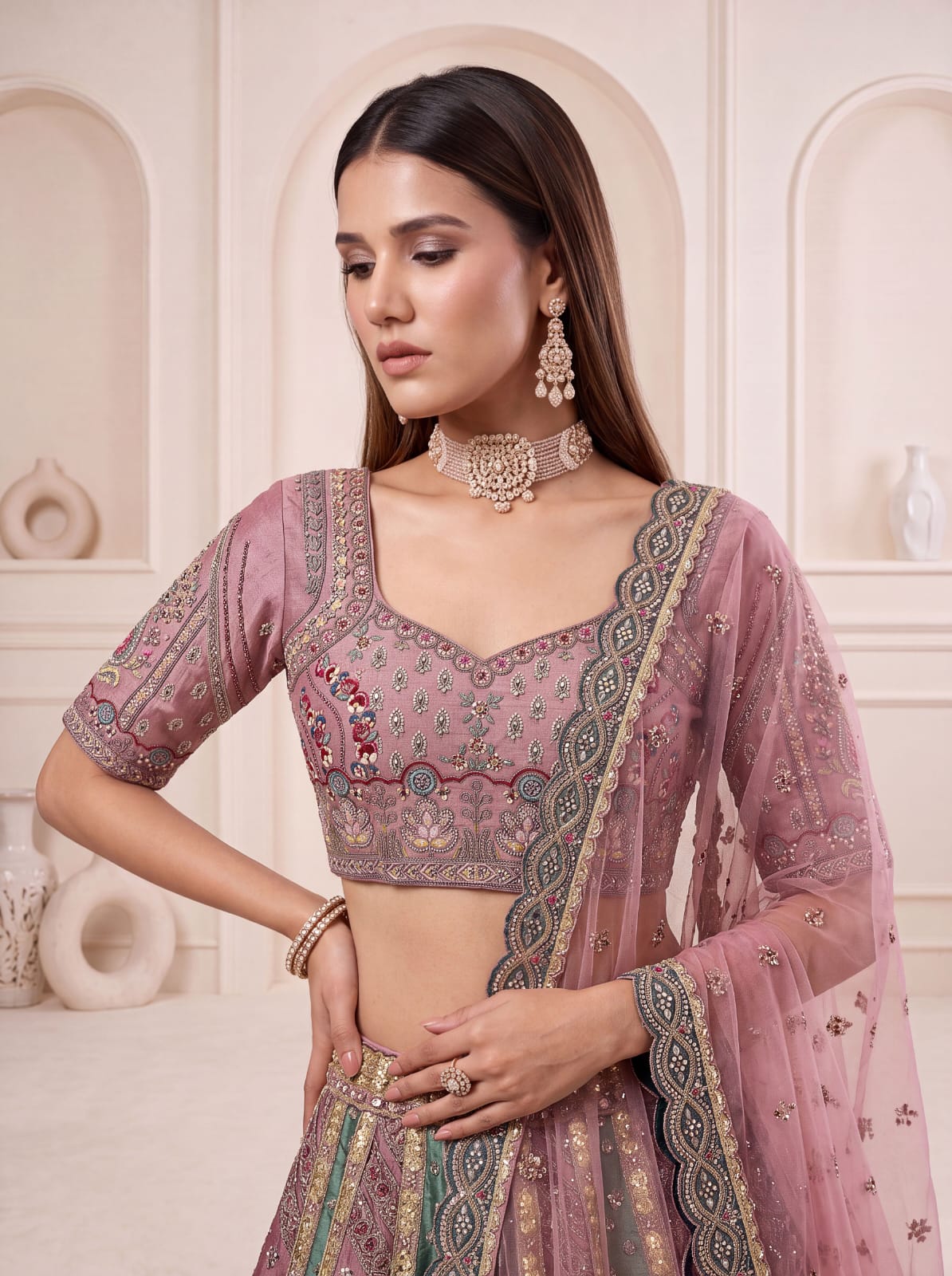 Firozi Pure Soft Banarasi Gadhwal Silk Multi Thread Embroidery Sequins Work Bridal Lehenga Choli