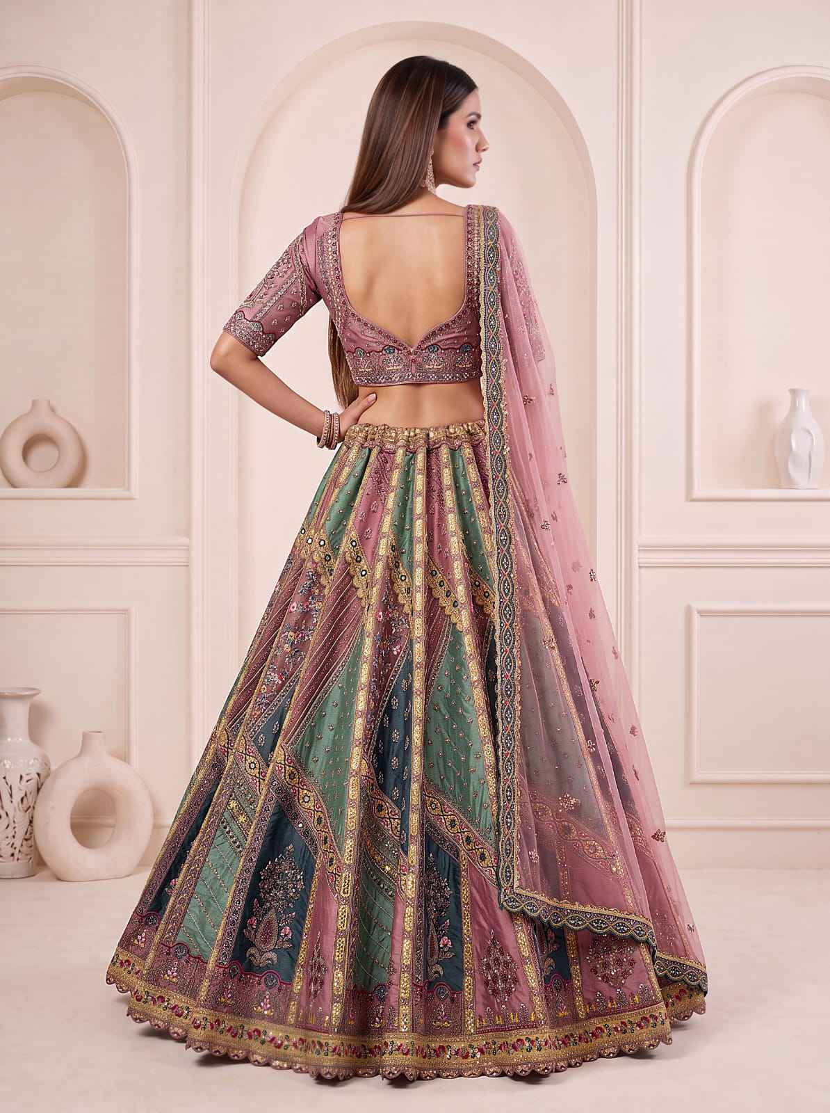 Firozi Pure Soft Banarasi Gadhwal Silk Multi Thread Embroidery Sequins Work Bridal Lehenga Choli