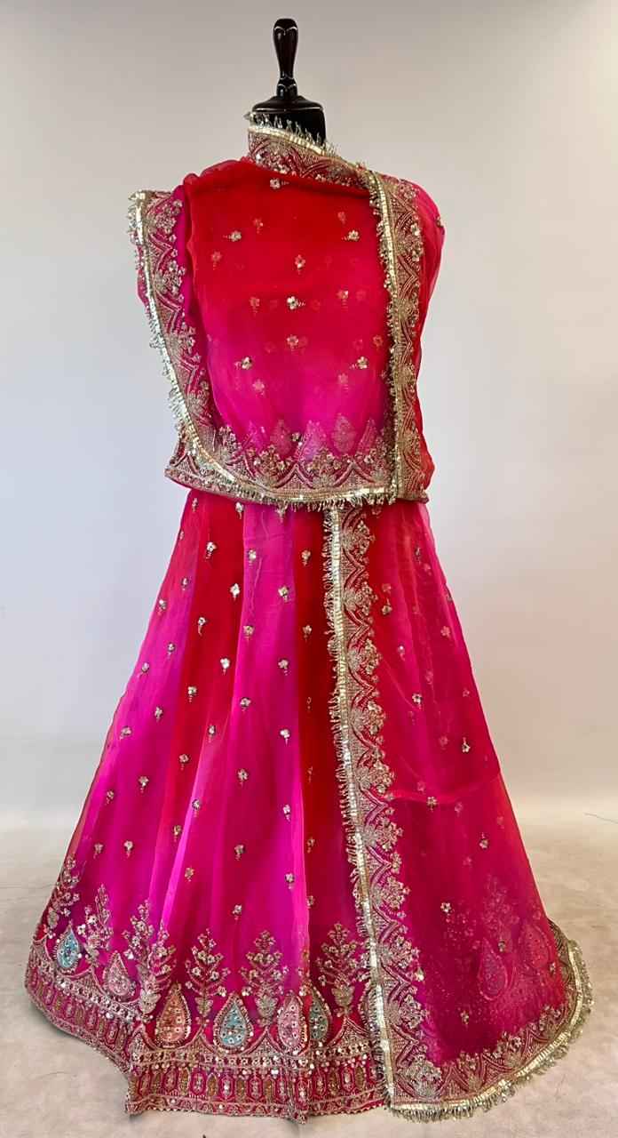 Pink Pure Georgette Lahariya Print 16 Kali Flair With Gotta Patti Rajasthani Rajputi Lehenga Choli