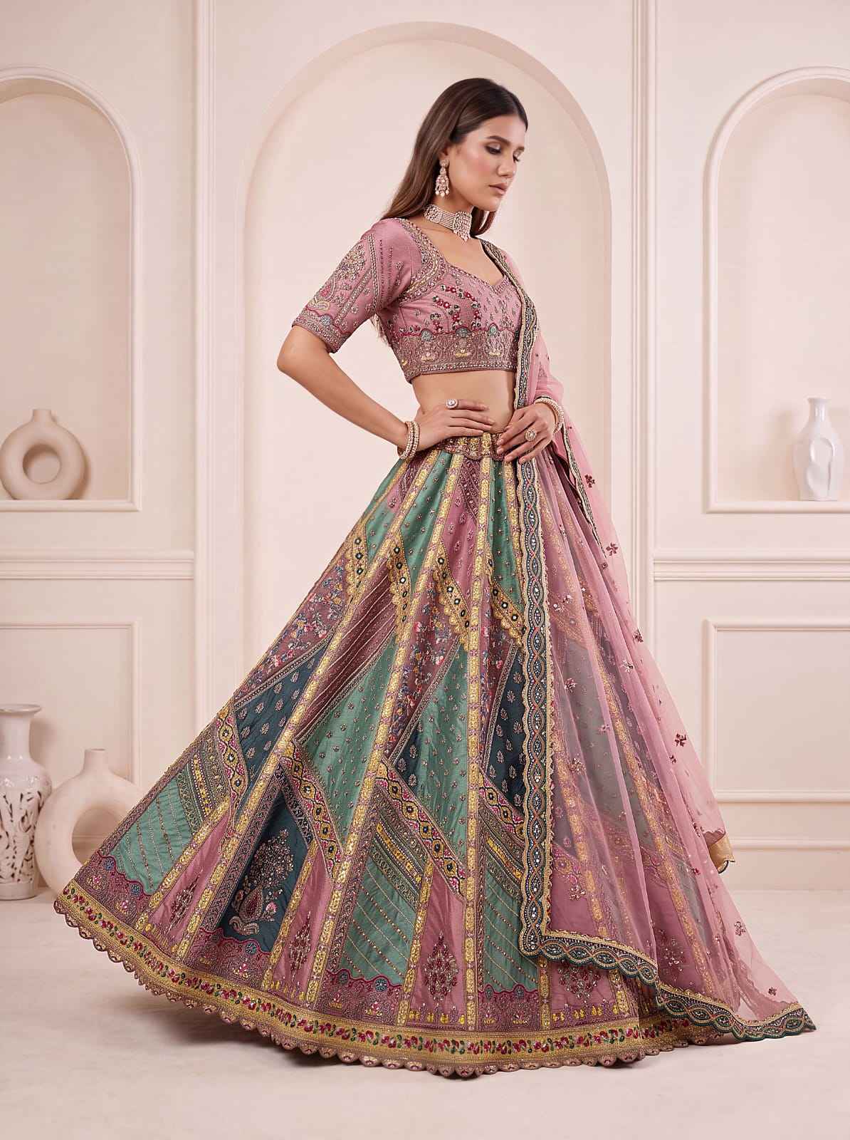 Firozi Pure Soft Banarasi Gadhwal Silk Multi Thread Embroidery Sequins Work Bridal Lehenga Choli