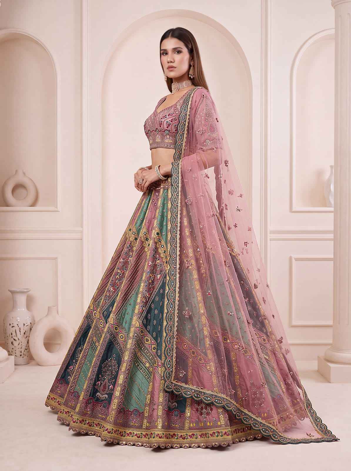 Firozi Pure Soft Banarasi Gadhwal Silk Multi Thread Embroidery Sequins Work Bridal Lehenga Choli