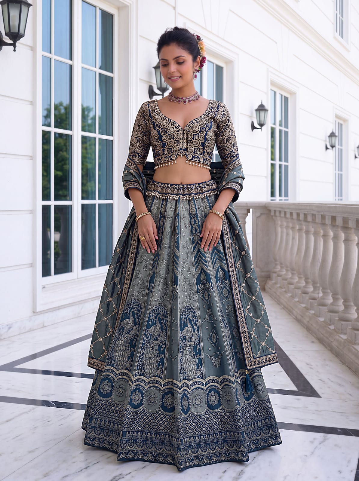 Grey Pure Soft Banarasi Silk Multi Thread Embroidery Sequins Work Bridal Lehenga Choli
