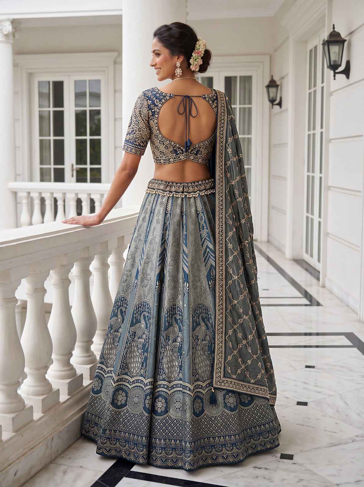 Grey Pure Soft Banarasi Silk Multi Thread Embroidery Sequins Work Bridal Lehenga Choli