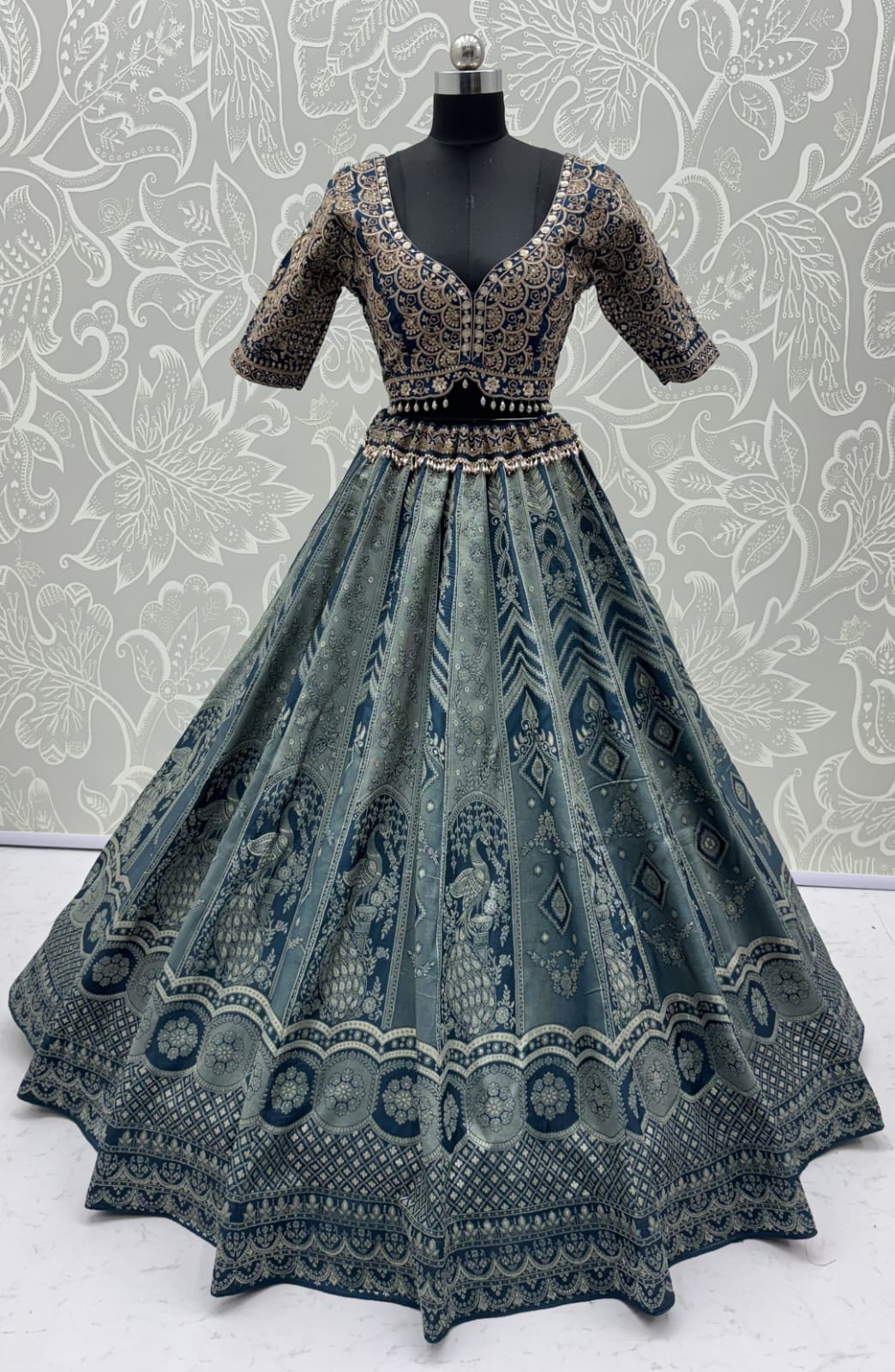 Grey Pure Soft Banarasi Silk Multi Thread Embroidery Sequins Work Bridal Lehenga Choli