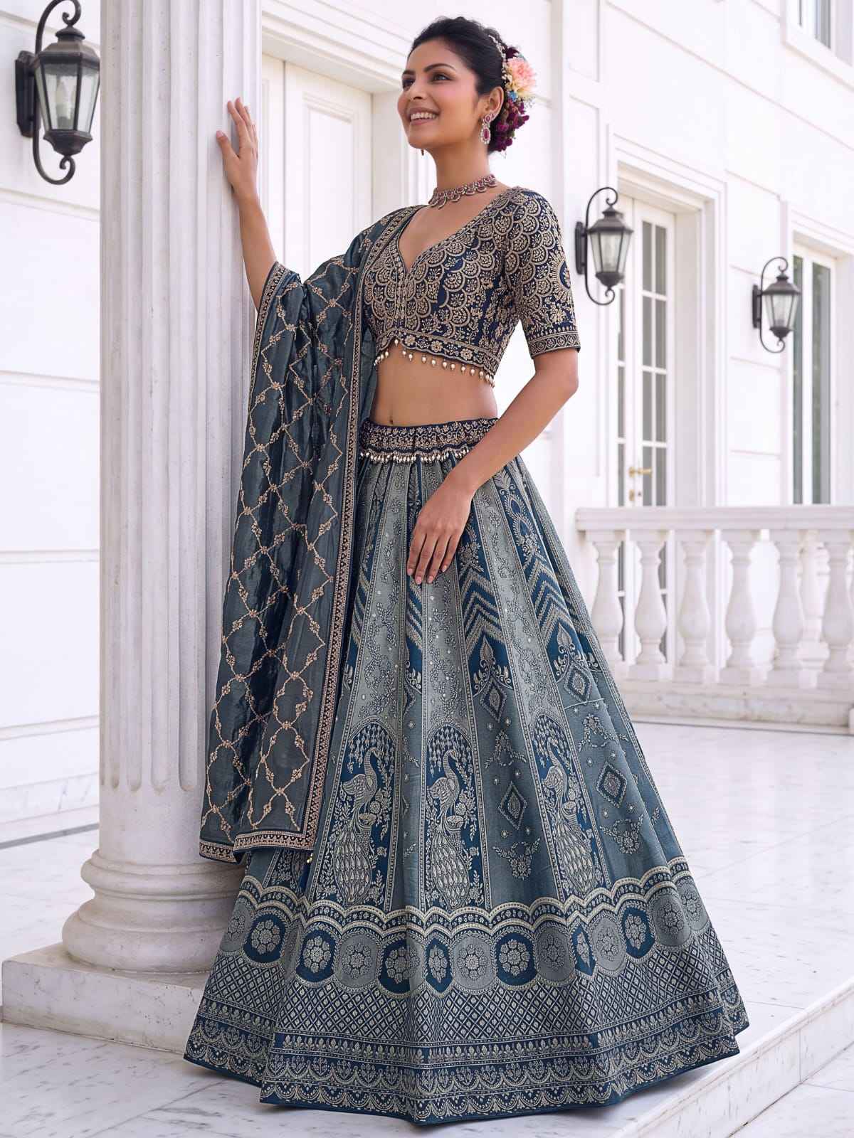 Grey Pure Soft Banarasi Silk Multi Thread Embroidery Sequins Work Bridal Lehenga Choli