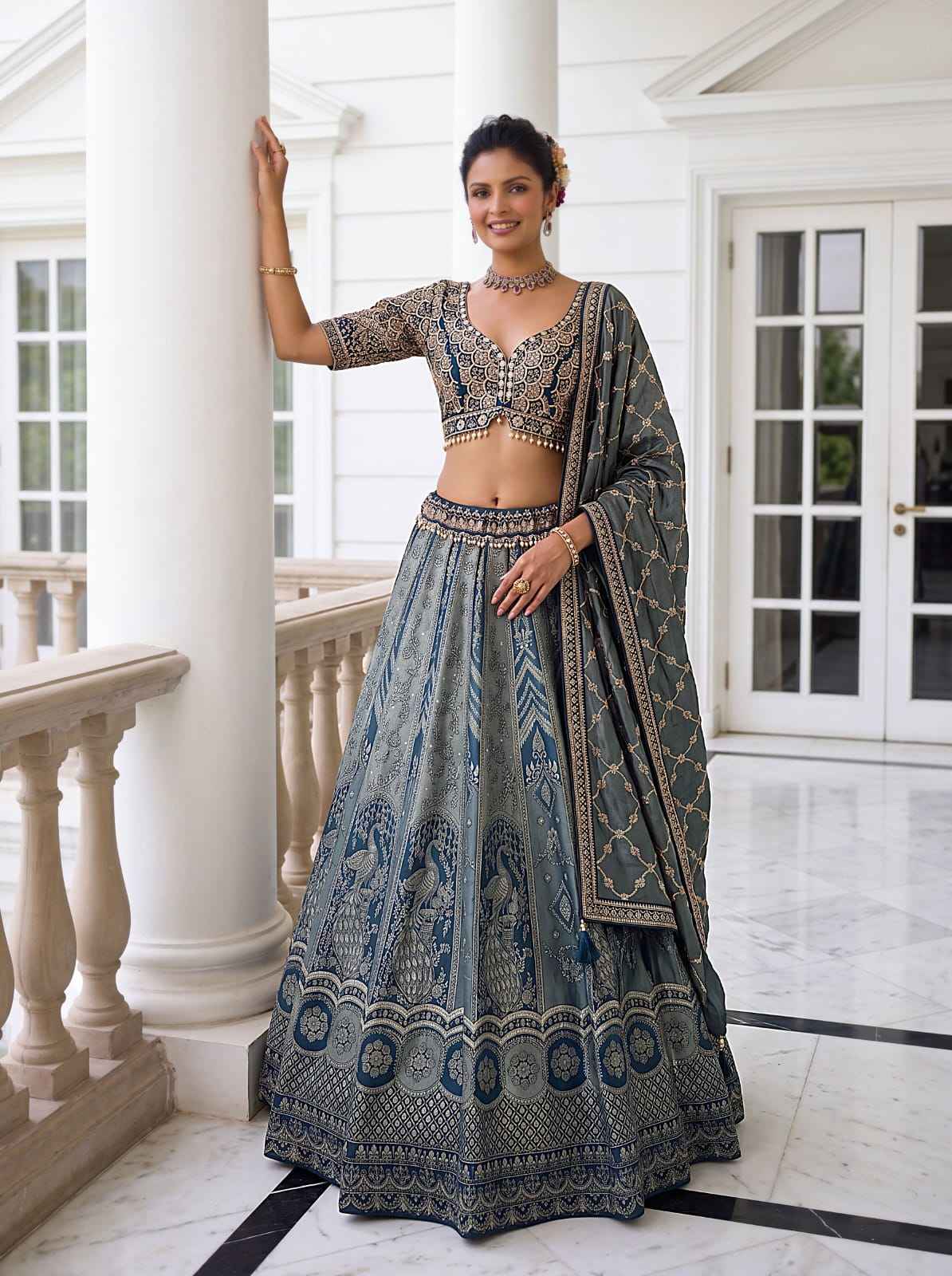 Grey Pure Soft Banarasi Silk Multi Thread Embroidery Sequins Work Bridal Lehenga Choli