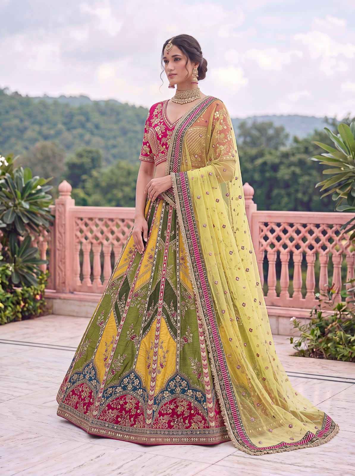Yellow & Green Pure Soft Silk Gotta Patti Dori & Zari Embroidery Multi Thread Sequins Work Bridal Lehenga Choli