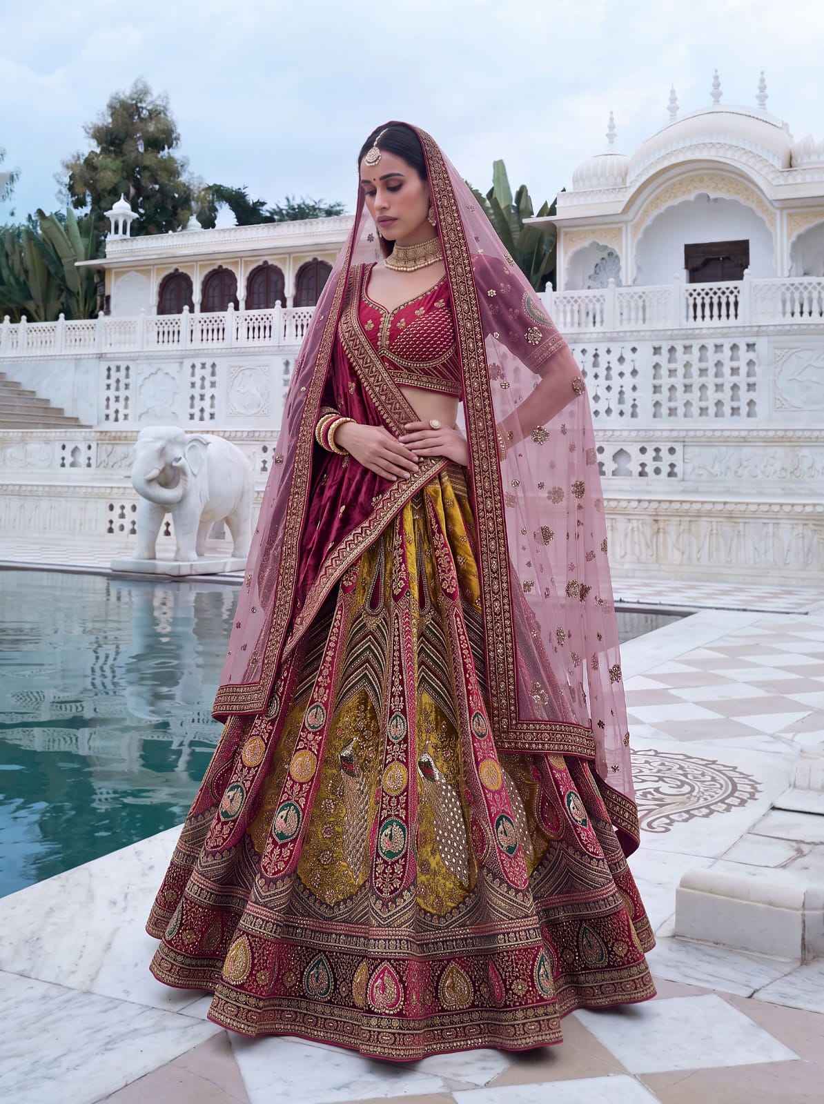 Maroon Pure Velvet Heavy Embroidery Patch Work & Sequins Thread Work Bridal Lehenga Chol