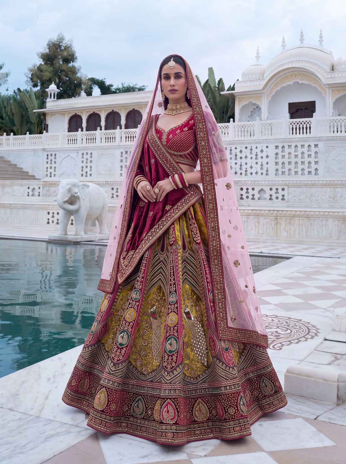 Maroon Pure Velvet Heavy Embroidery Patch Work & Sequins Thread Work Bridal Lehenga Chol