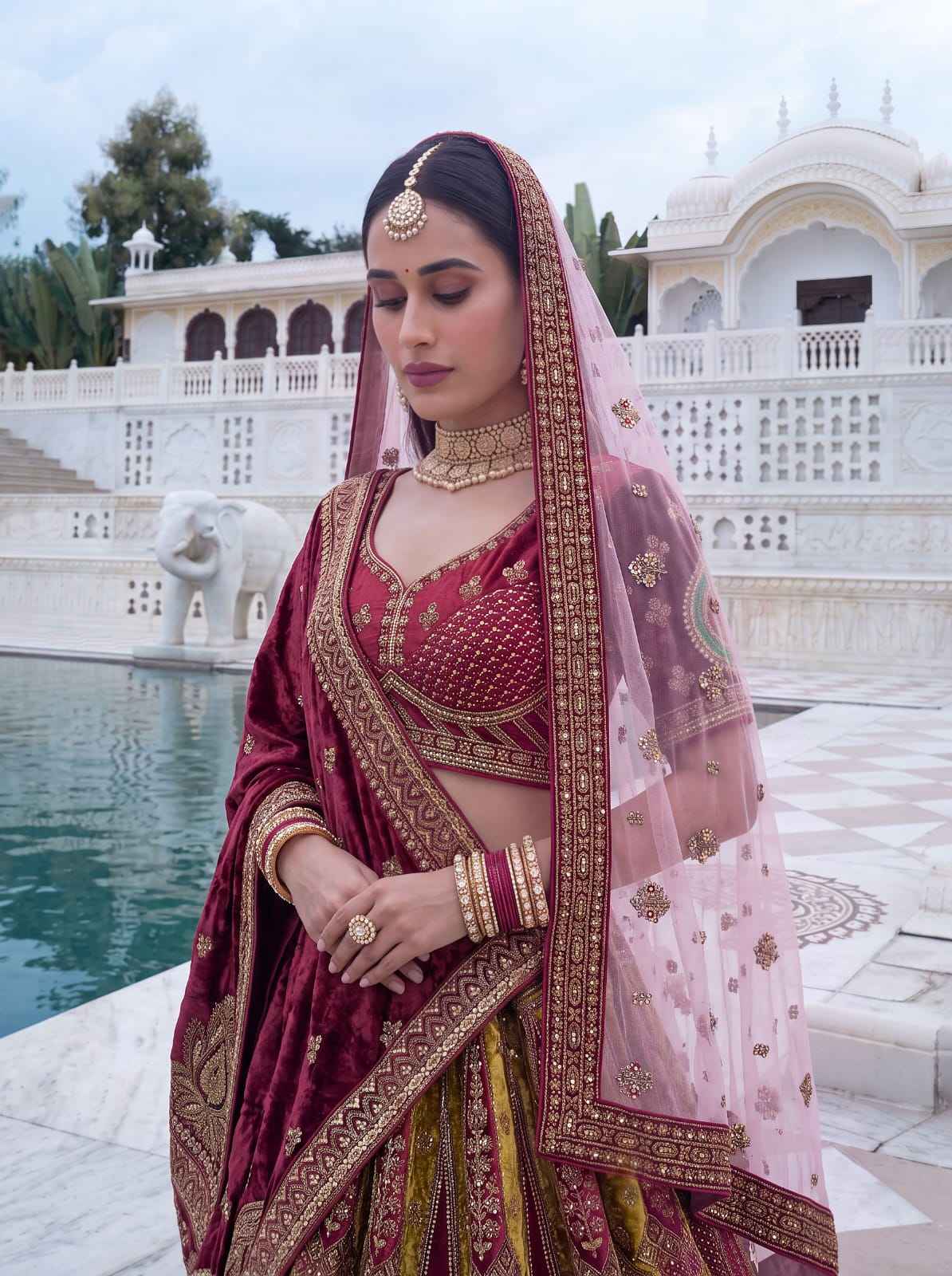 Maroon Pure Velvet Heavy Embroidery Patch Work & Sequins Thread Work Bridal Lehenga Chol