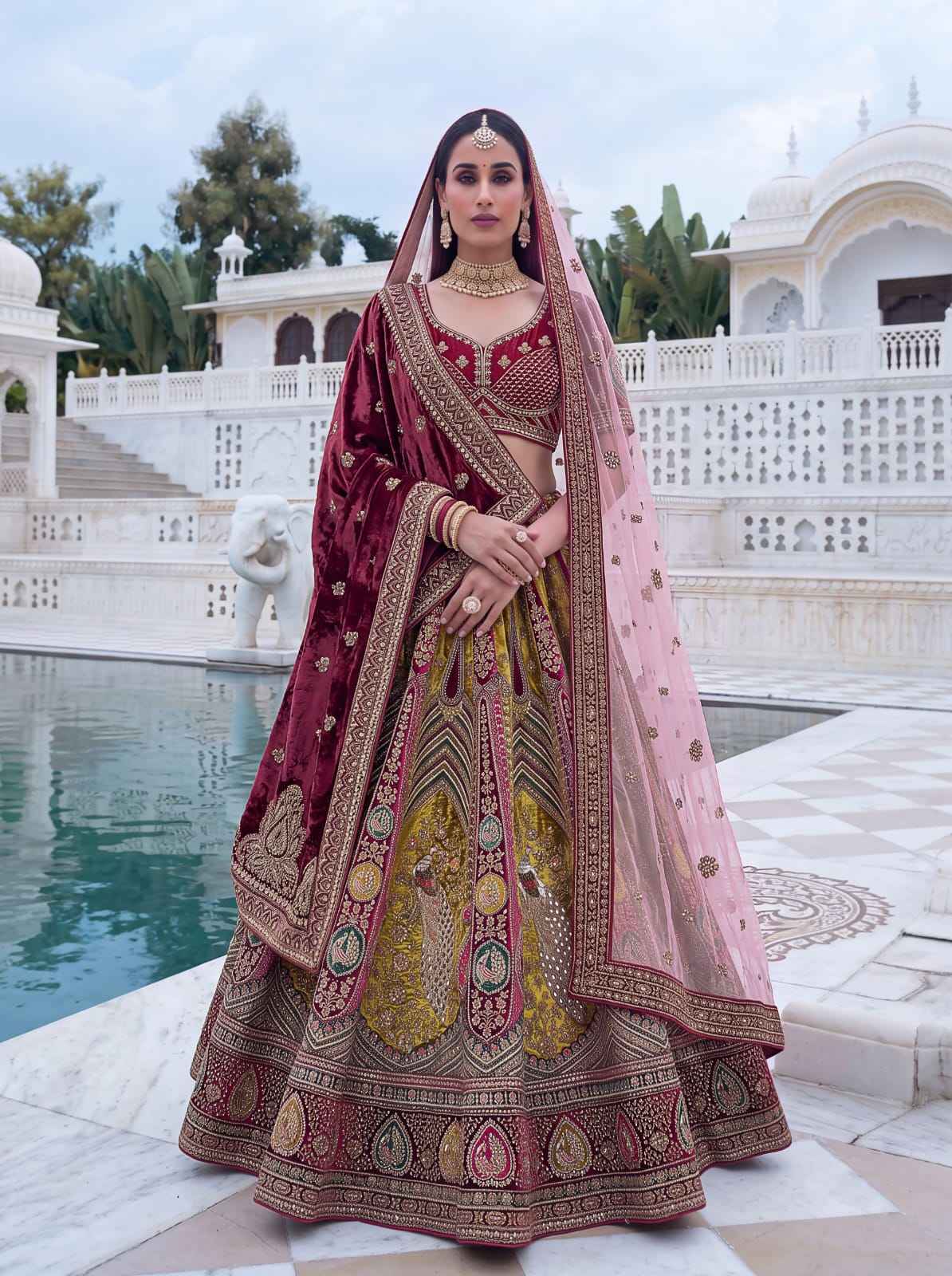 Maroon Pure Velvet Heavy Embroidery Patch Work & Sequins Thread Work Bridal Lehenga Chol