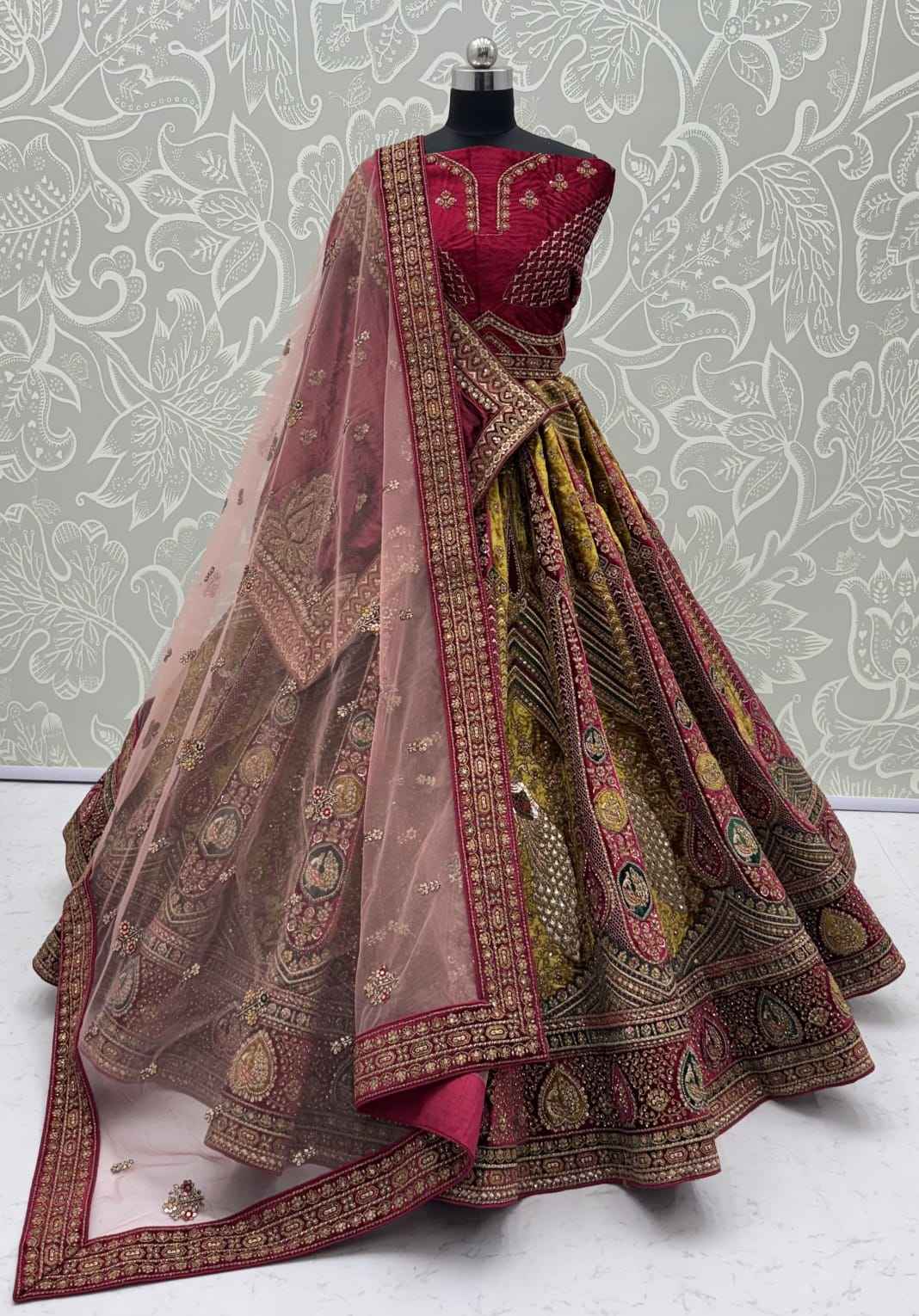 Maroon Pure Velvet Heavy Embroidery Patch Work & Sequins Thread Work Bridal Lehenga Chol