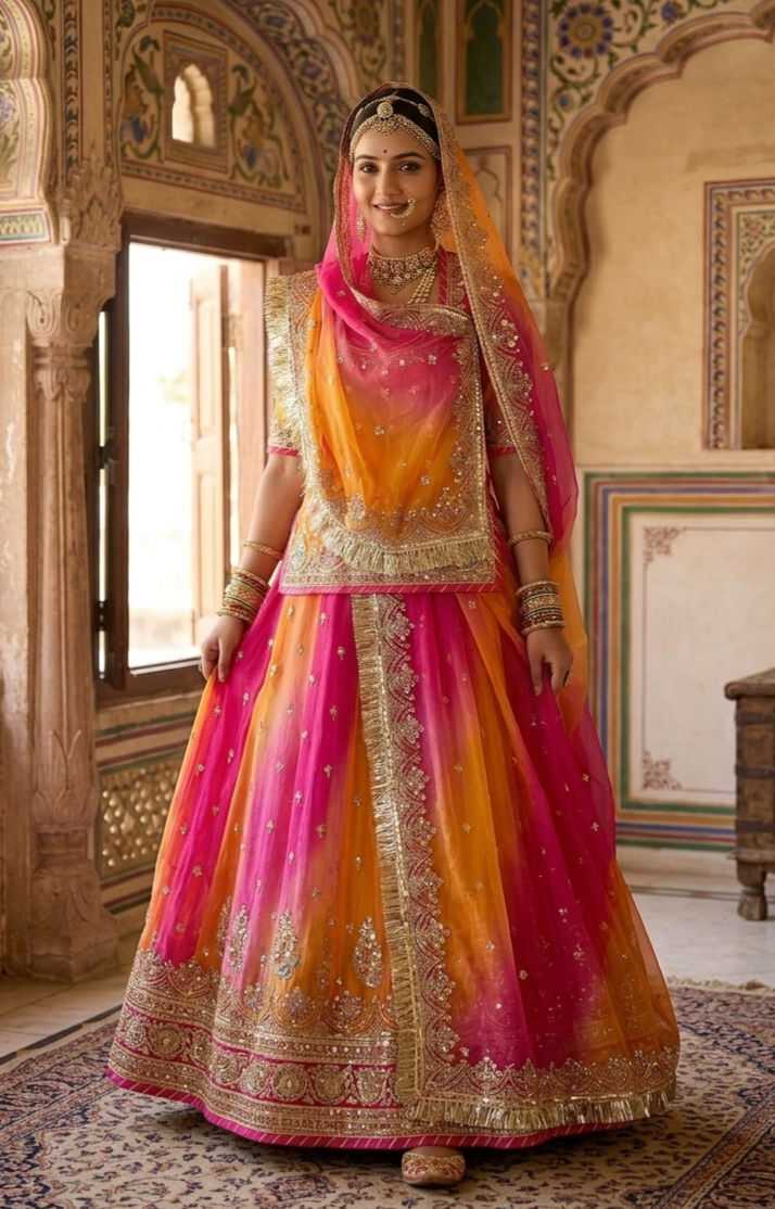 Pink & Orange Pure Georgette Lahariya Print 16 Kali Flair With Gotta Patti Rajasthani Rajputi Lehenga Choli