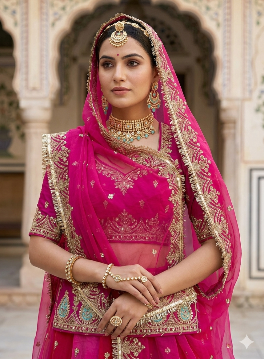 Pink Pure Georgette Lahariya Print 16 Kali Flair With Gotta Patti Rajasthani Rajputi Lehenga Choli