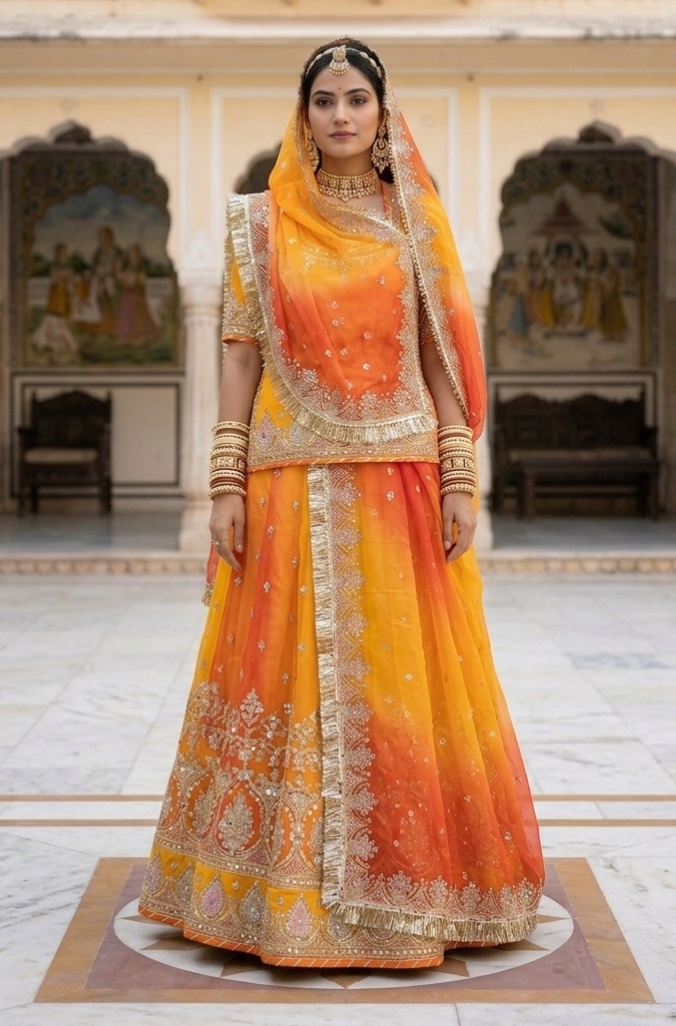 Yellow Pure Georgette Lahariya Print 16 Kali Flair With Gotta Patti Rajasthani Rajputi Lehenga Choli