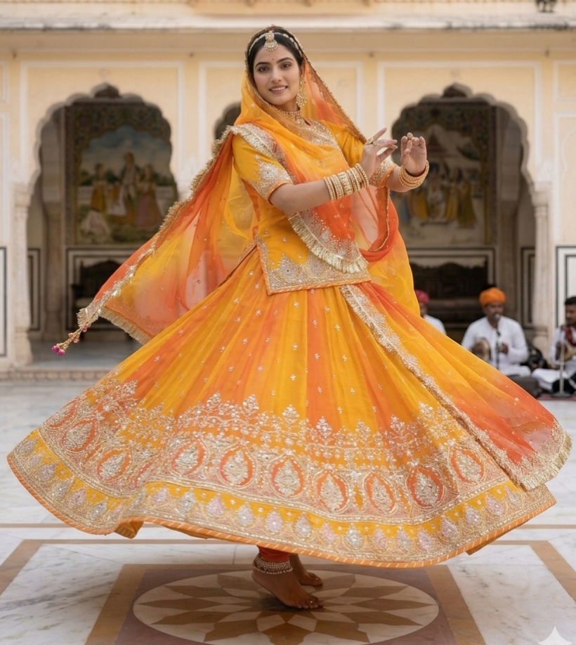 Yellow Pure Georgette Lahariya Print 16 Kali Flair With Gotta Patti Rajasthani Rajputi Lehenga Choli