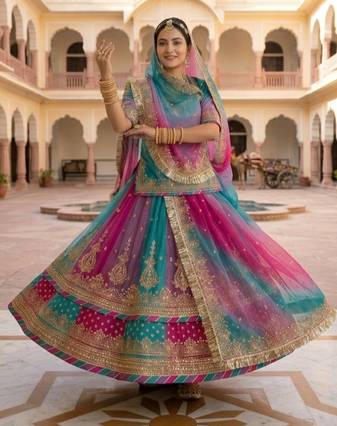 Purple Pure Georgette Lahariya Print 16 Kali Flair With Gotta Patti Rajasthani Rajputi Lehenga Choli