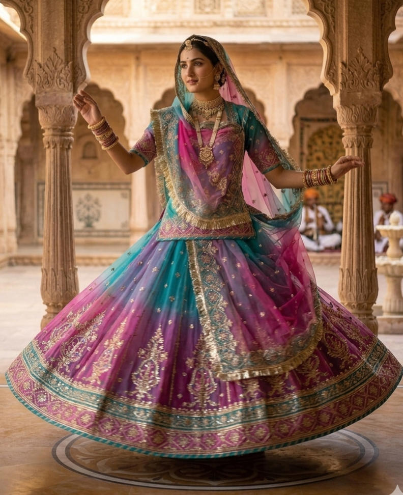 Magenta Pink Pure Georgette Lahariya Print 16 Kali Flair With Gotta Patti Rajasthani Rajputi Lehenga Choli