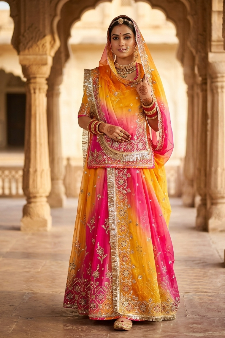 Yellow & Orange Pure Georgette Lahariya Print 16 Kali Flair With Gotta Patti Rajasthani Rajputi Lehenga Choli