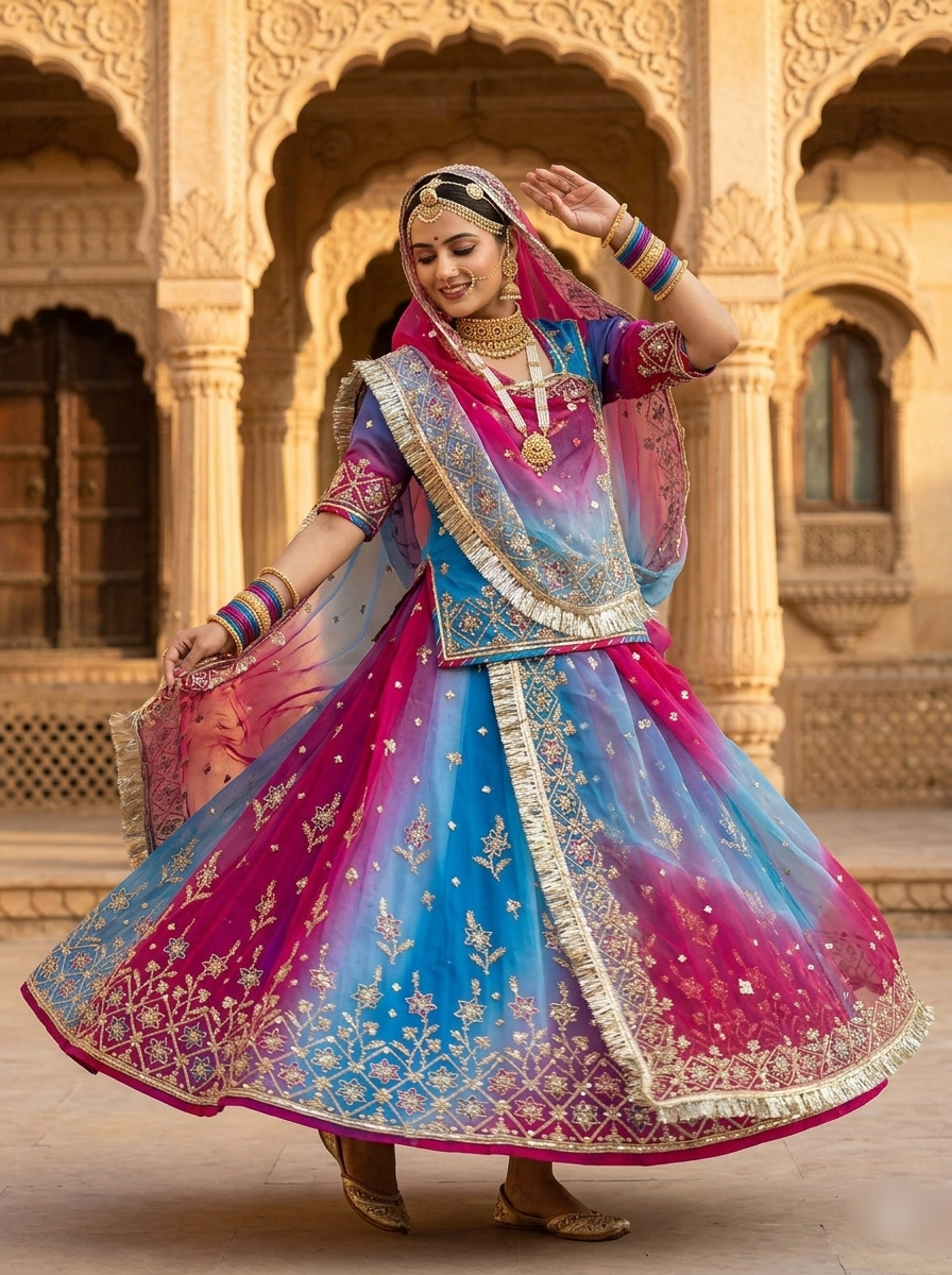 Magenta & Pink Pure Georgette Lahariya Print 16 Kali Flair With Gotta Patti Rajasthani Rajputi Lehenga Choli