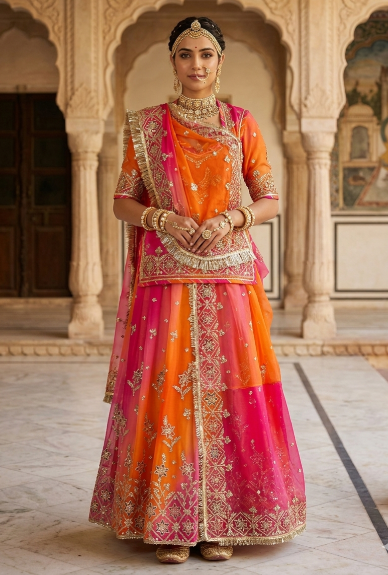 Orange & Pink Pure Georgette Lahariya Print 16 Kali Flair With Gotta Patti Rajasthani Rajputi Lehenga Choli
