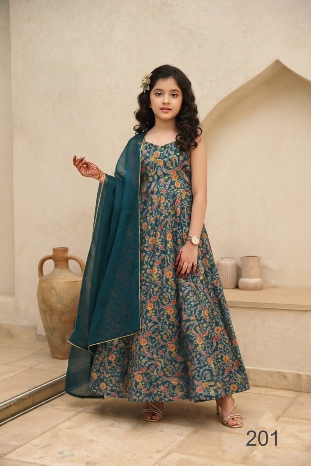 Teal Pure Soft Silk Heavy Digital Printed Kid&