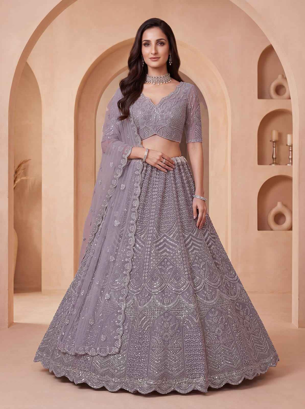 Lavender Pure Heavy Net Motif Handwork Zari Sequins Work Bridal Lehenga Choli
