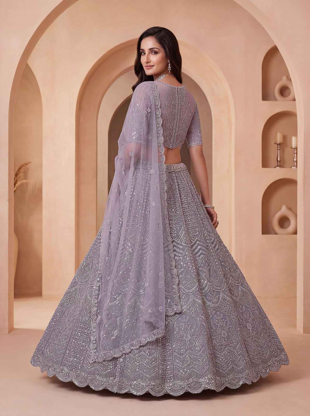 Lavender Pure Heavy Net Motif Handwork Zari Sequins Work Bridal Lehenga Choli