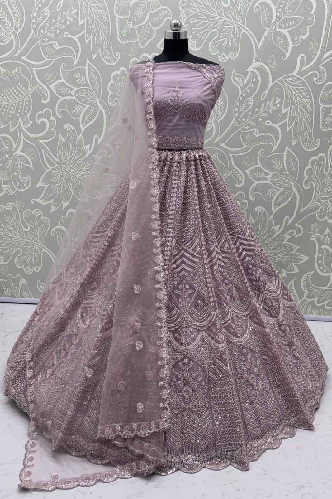 Lavender Pure Heavy Net Motif Handwork Zari Sequins Work Bridal Lehenga Choli