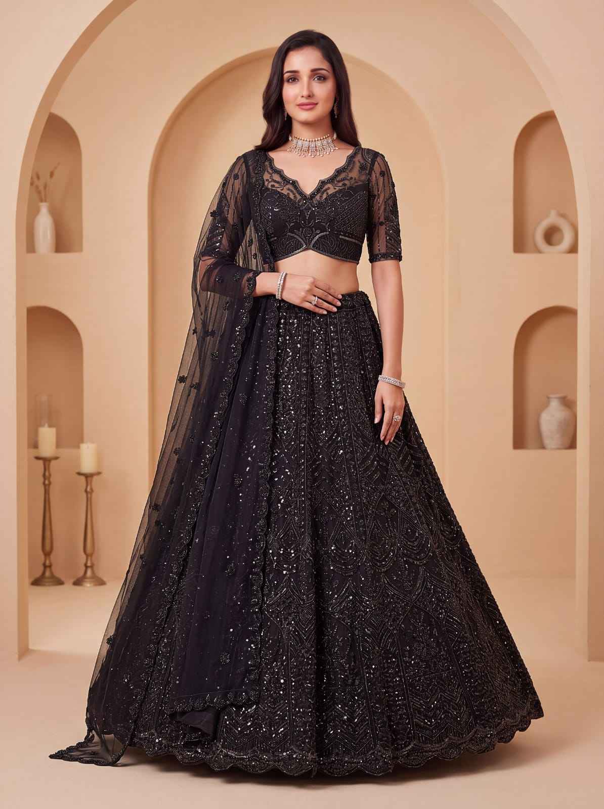 Black Pure Heavy Net Motif Handwork Zari Sequins Work Bridal Lehenga Choli