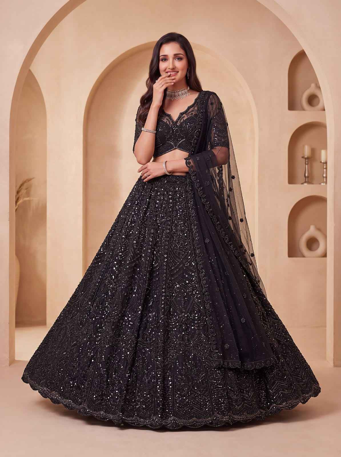 Black Pure Heavy Net Motif Handwork Zari Sequins Work Bridal Lehenga Choli