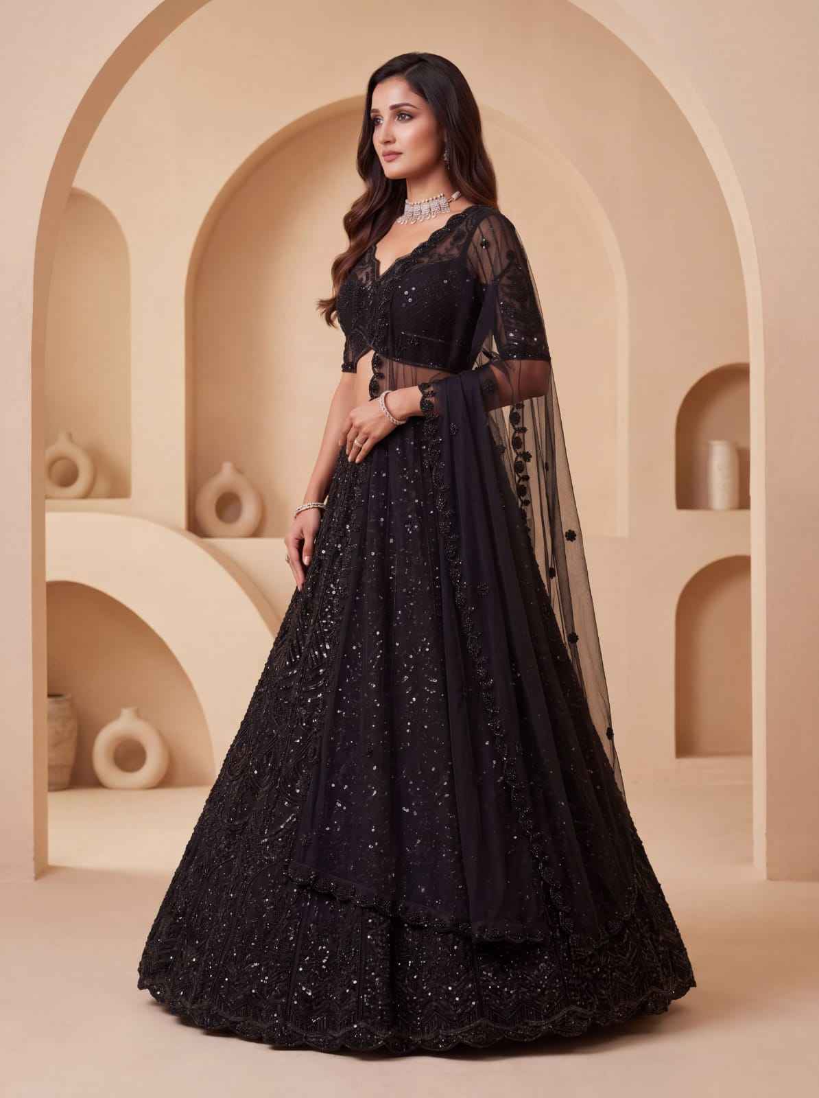 Black Pure Heavy Net Motif Handwork Zari Sequins Work Bridal Lehenga Choli
