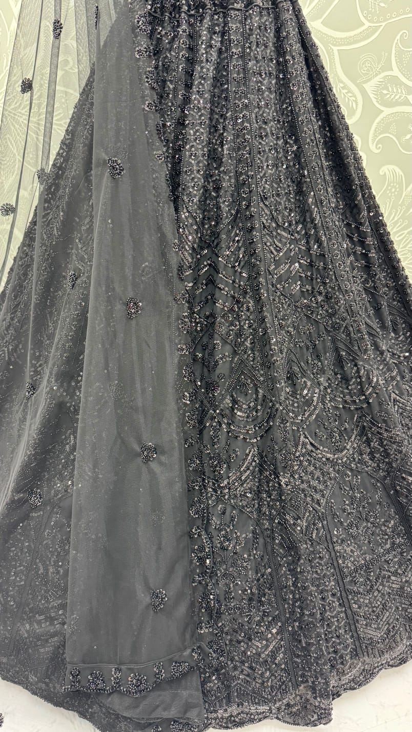 Black Pure Heavy Net Motif Handwork Zari Sequins Work Bridal Lehenga Choli