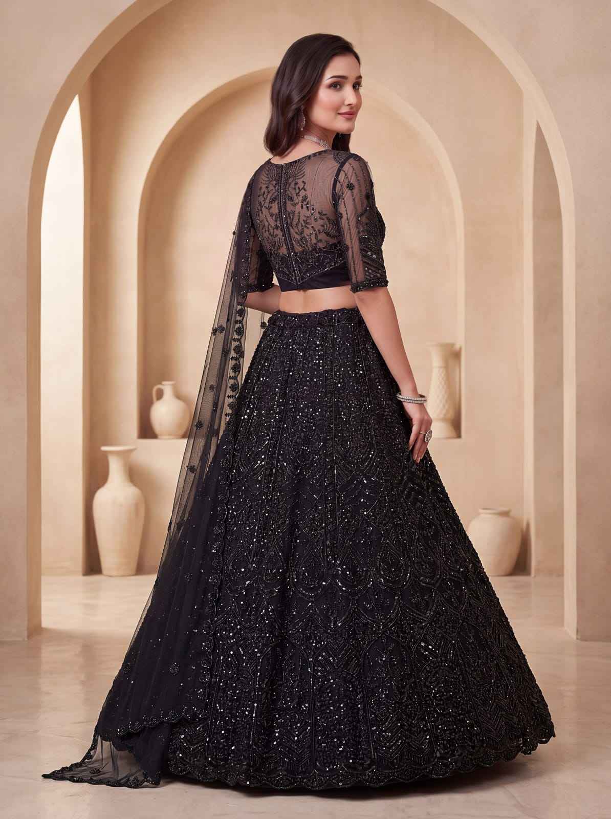Black Pure Heavy Net Motif Handwork Zari Sequins Work Bridal Lehenga Choli