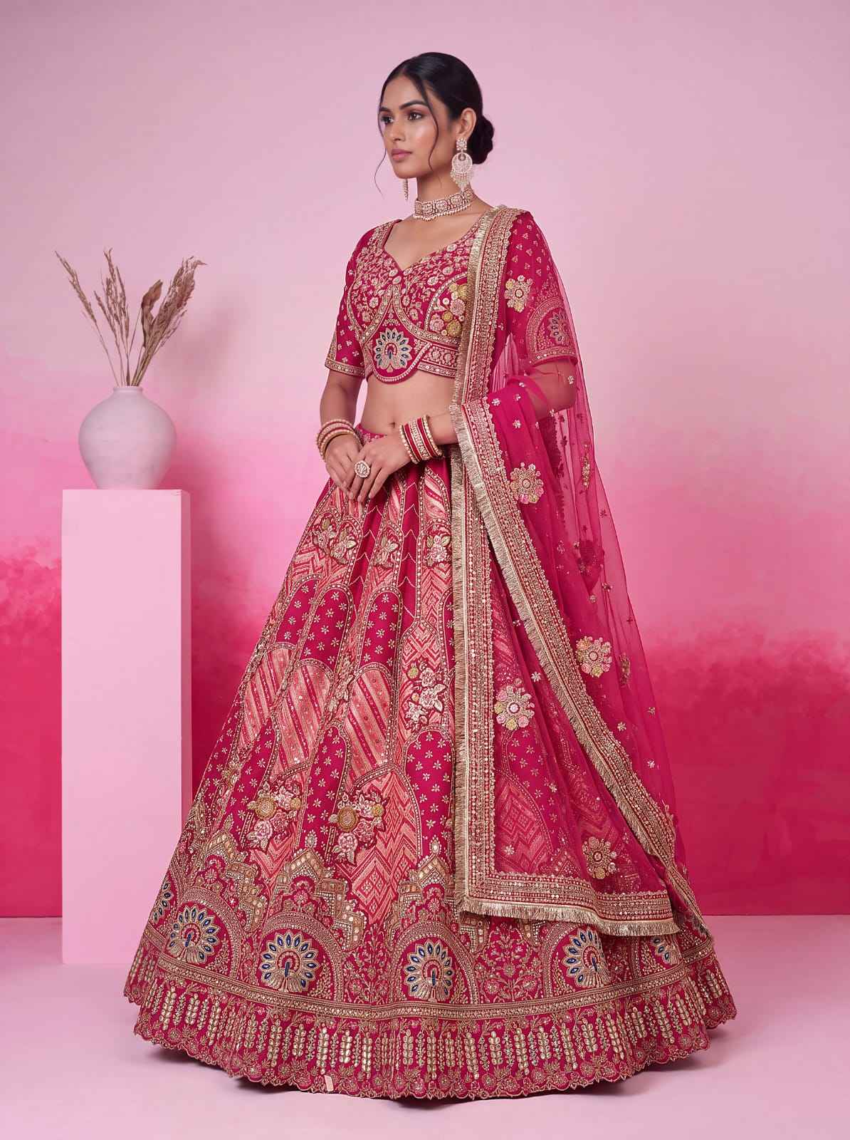 Pink Pure Soft Gadhwal Silk Heavy Embroidery Work Bridal Lehenga Choli