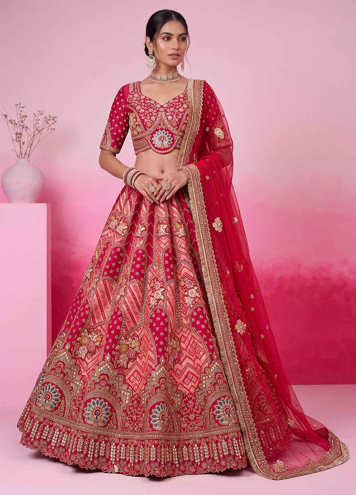 Pink Pure Soft Gadhwal Silk Heavy Embroidery Work Bridal Lehenga Choli