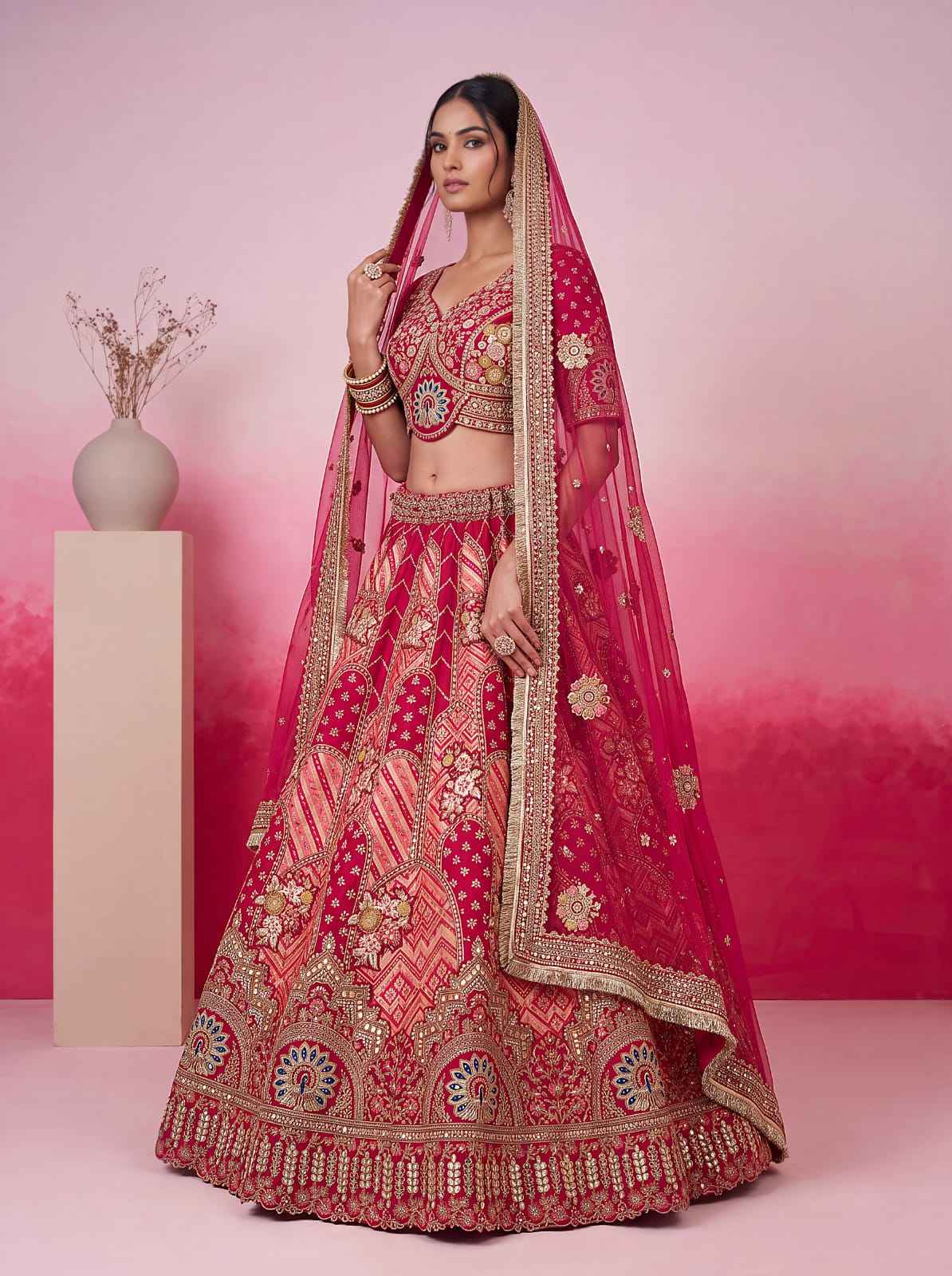 Pink Pure Soft Gadhwal Silk Heavy Embroidery Work Bridal Lehenga Choli