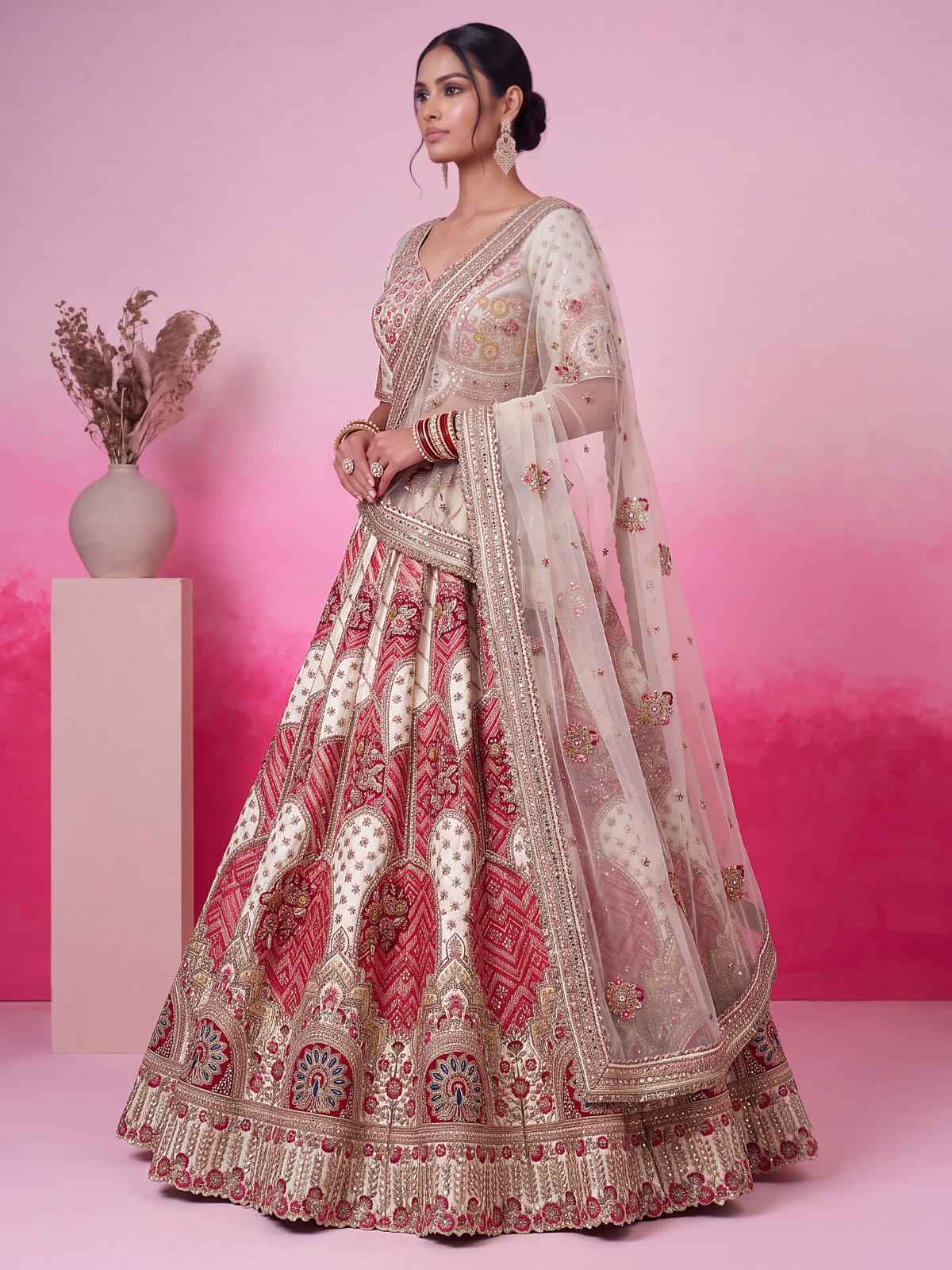 White Pure Soft Gadhwal Silk Heavy Embroidery Work Bridal Lehenga Choli