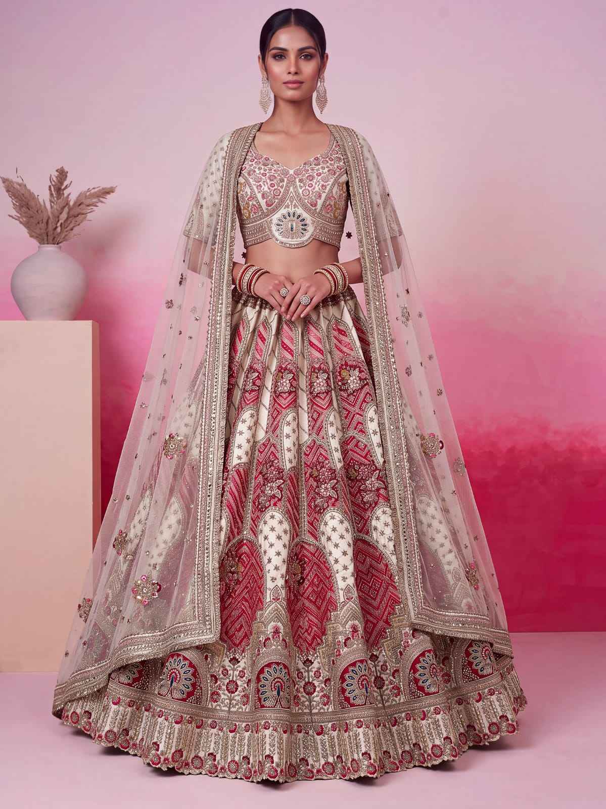 White Pure Soft Gadhwal Silk Heavy Embroidery Work Bridal Lehenga Choli